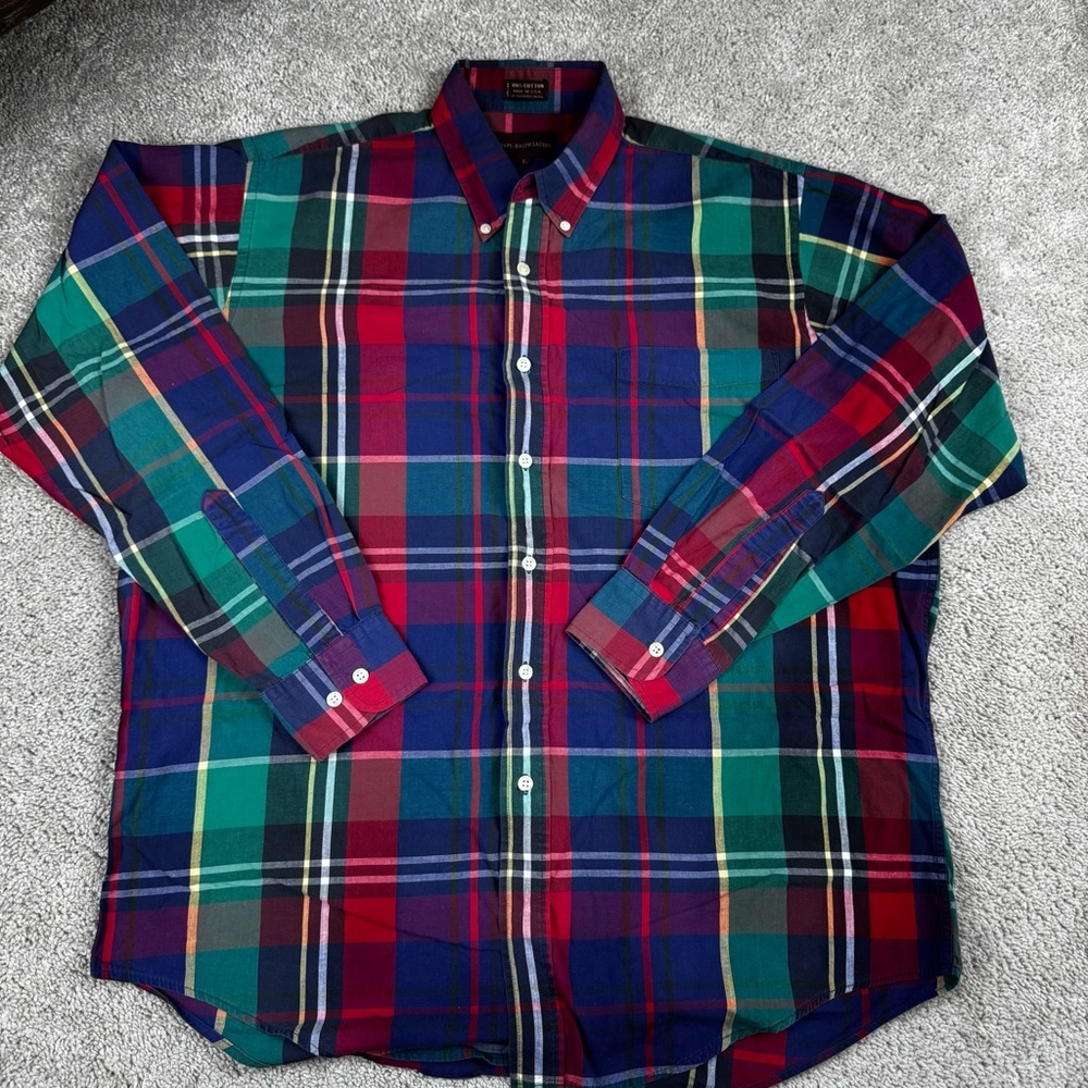 Vintage Chaps Ralph Lauren Plaid Tartan Long‎ Sleeve Button Down Shirt Size L
